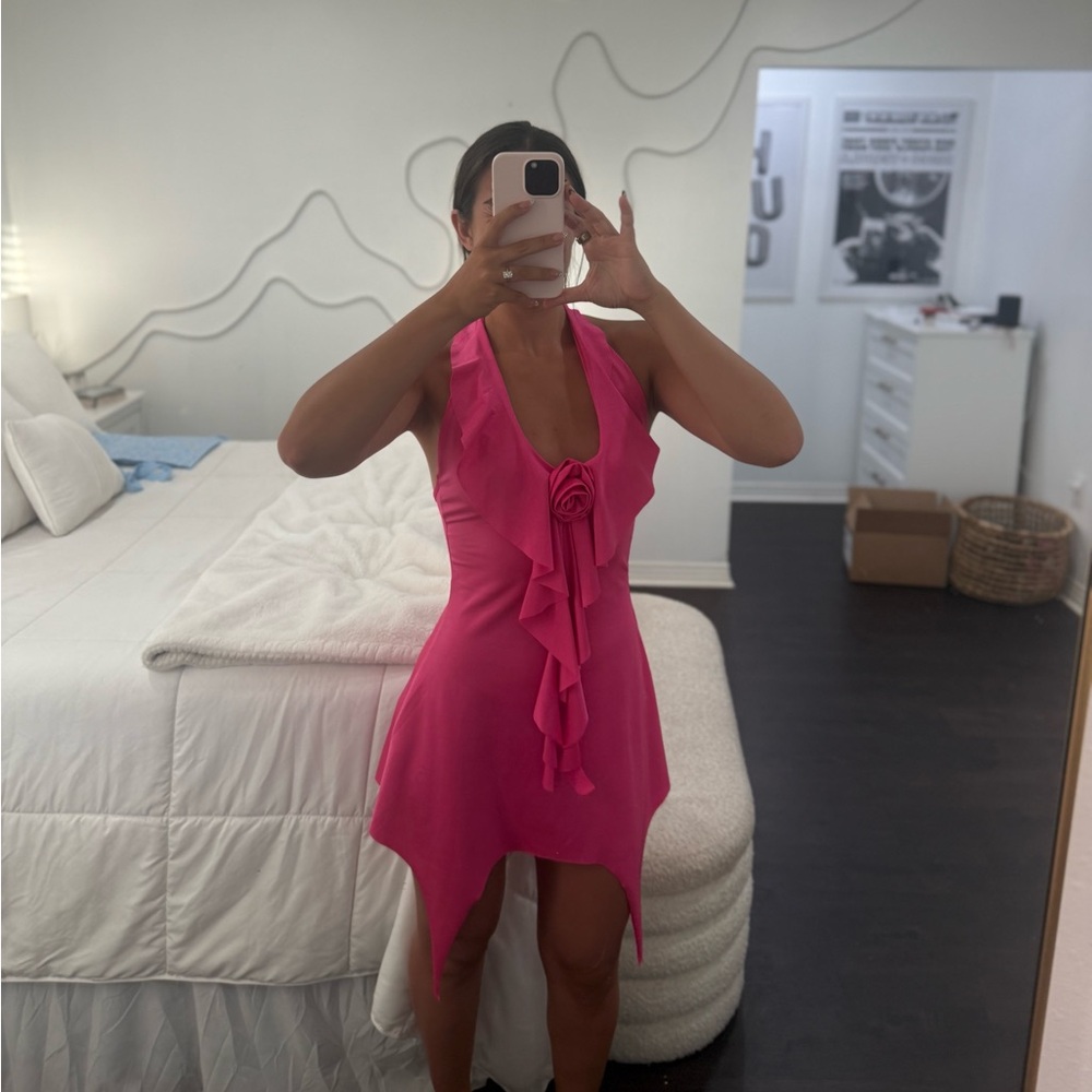 Amazon Hot Pink Asymmetrical Dress with Floral Accent